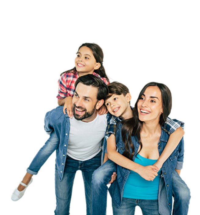 A family of four looks offscreen in the distance.